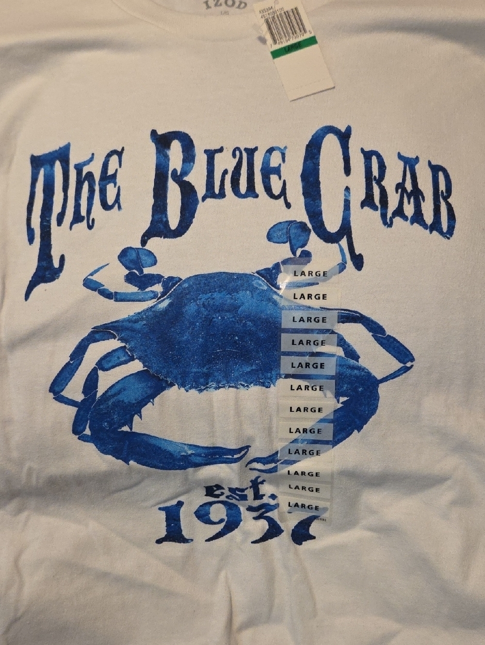 New Izod White Short-Sleeve Tee with Blue Crab Graphic Large